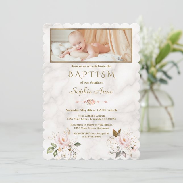 Luxury Pink Gold Flowers Marble Girl Photo Baptism Invitation (Standing Front)