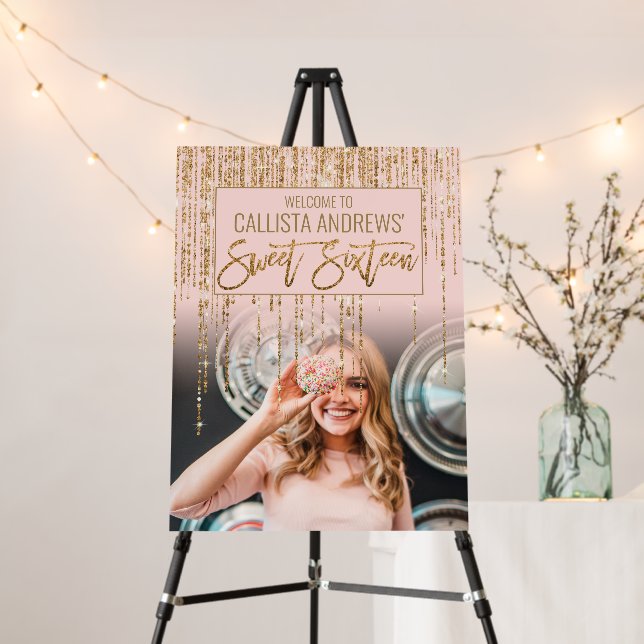 Luxury Pink Gold Glitter Sweet 16 Welcome Sign (In Situ (Stand))