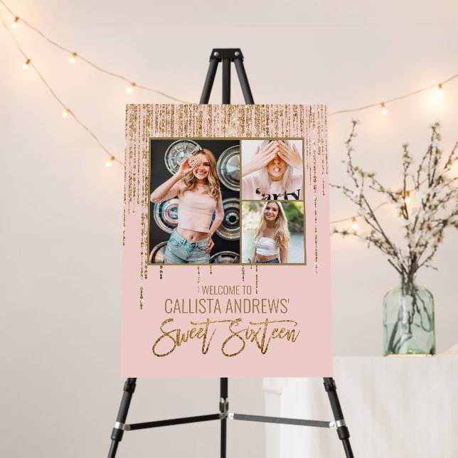 Luxury Pink Gold Glitter Sweet 16 Welcome Sign (In Situ (Stand))