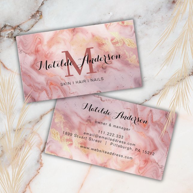 Luxury Pink Gold Marble Agate Monogram Modern  Business Card (Creator Uploaded)