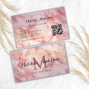 Luxury Pink Gold Marble Agate Monogram QR Code Business Card