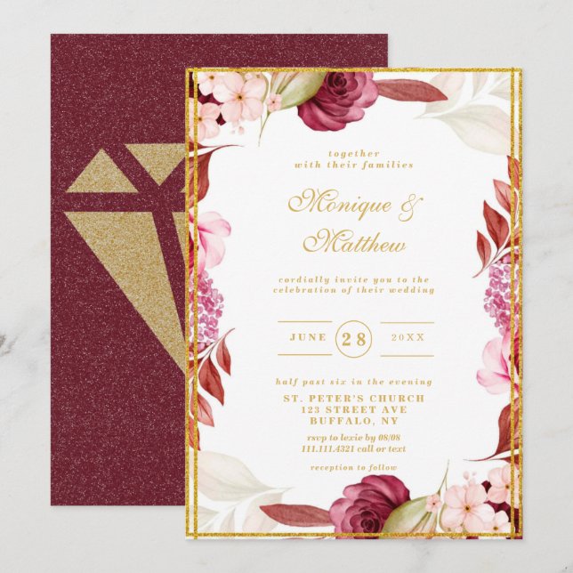 Luxury Pink Gold Peony Glitter Typography Wedding  Invitation (Front/Back)