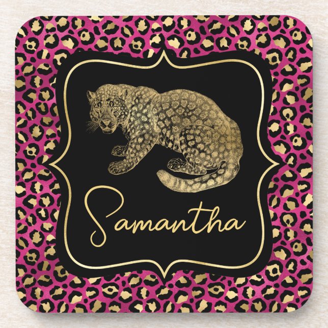 Luxury Pink Leopard Print Gold Animal Monogram Beverage Coaster (Front)