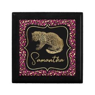 Luxury Pink Leopard Print Gold Animal Monogram Gift Box