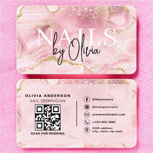 Luxury Pink Marble Nail Tech Branding Business Card