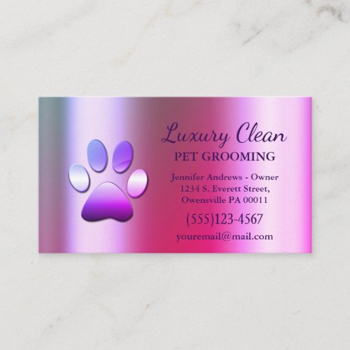 Luxury Pink Metallic Dog Paw Grooming Service Business Card
