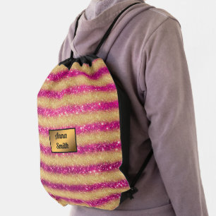 Luxury Pink Monogrammed Gold Glitter Drawstring Bag