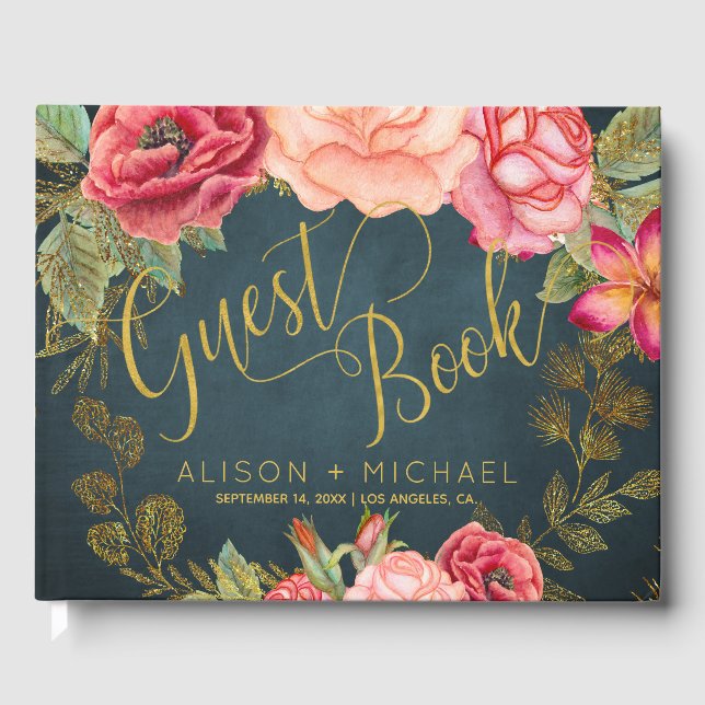 Luxury pink navy floral typography script wedding guest book (Front)