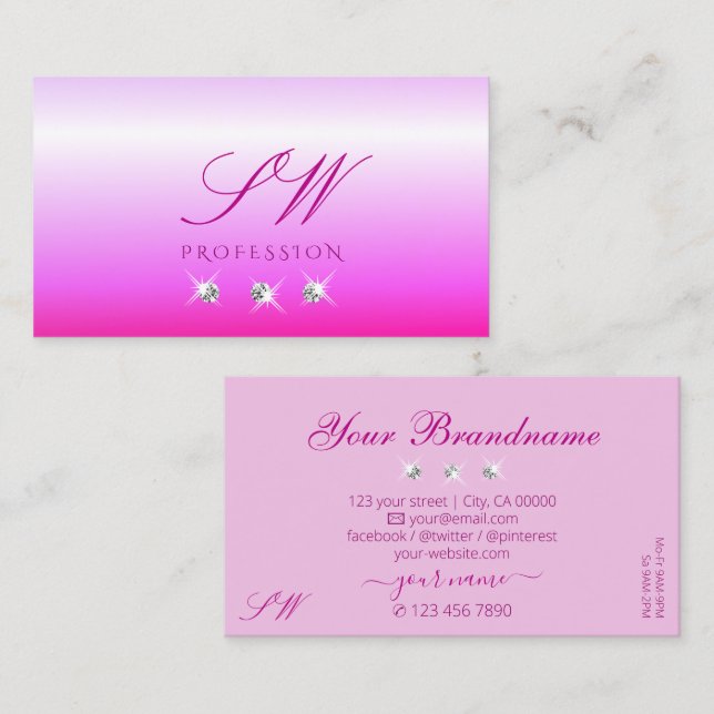 Luxury Pink Ombre Sparkling Diamonds Monogram Luxe Business Card (Front/Back)