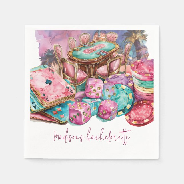Luxury Pink Personalized Casino Bachelorette Napkins (Front)