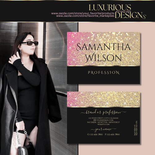Luxury Pink Purple and Gold Glitter Stars Stylish Business Card