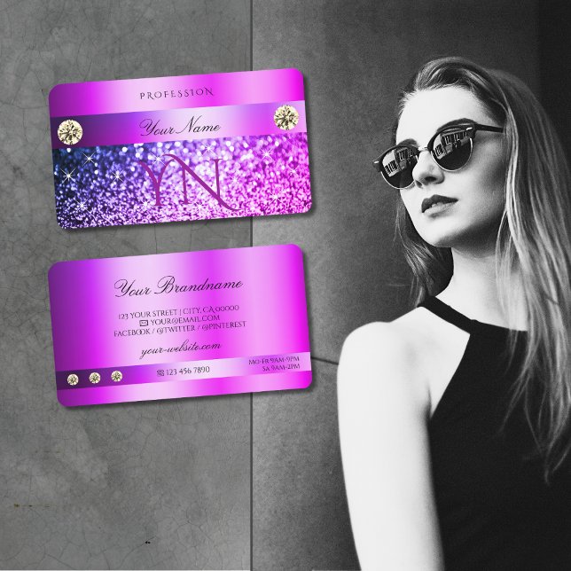 Luxury Pink Purple Glitter Diamonds and Monogram Business Card (Creator Uploaded)