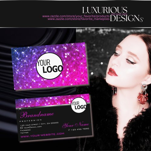 Luxury Pink Purple Glitter Luminous Stars and Logo Business Card