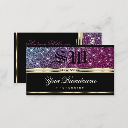Luxury Pink Purple Glitter Monogram Gold and Black Business Card