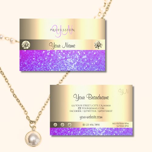 Luxury Pink Purple Glitter Monogram Luminous Gold Business Card