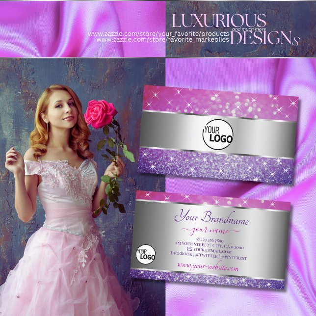 Luxury Pink Purple Glitter Stars and Logo Silver Business Card (Creator Uploaded)