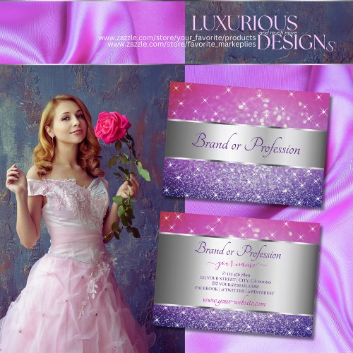 Luxury Pink Purple Glitter Stars Decorative Silver Business Card