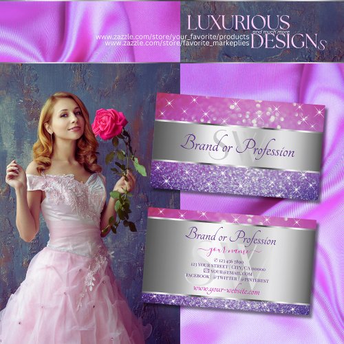 Luxury Pink Purple Glitter Stars Initials Silver Business Card