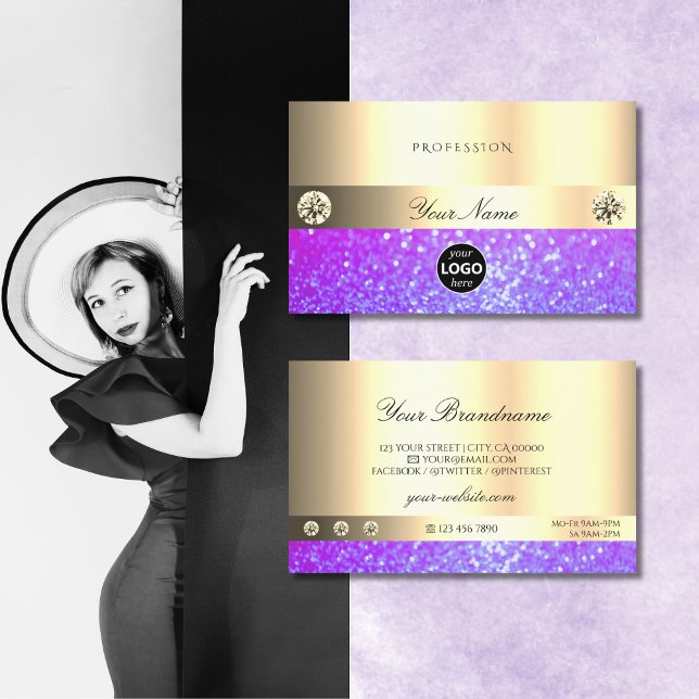 Luxury Pink Purple Glitter with Logo Luminous Gold Business Card (Creator Uploaded)