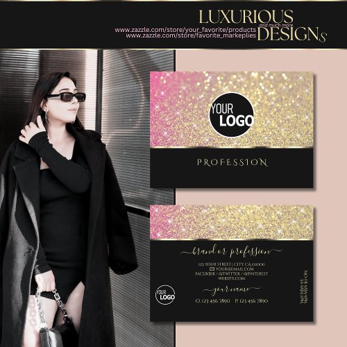 Luxury Pink Purple Gold Glitter Stars and Logo Business Card