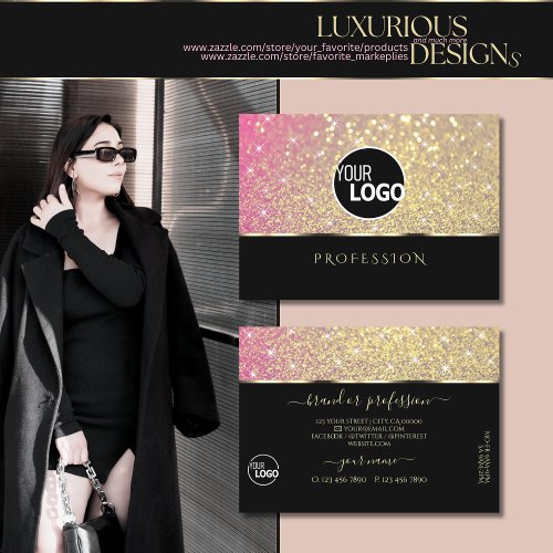 Luxury Pink Purple Gold Glitter Stars Logo Black Business Card