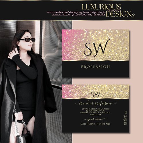 Luxury Pink Purple Gold Glitter Stars Monogram Business Card
