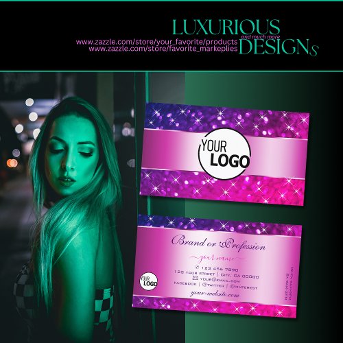 Luxury Pink Purple Gradient Glitter Stars and Logo Business Card