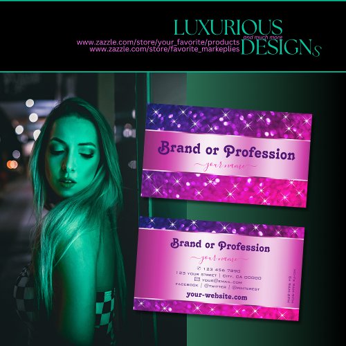 Luxury Pink Purple Gradient Glitter Stars Fancy Business Card