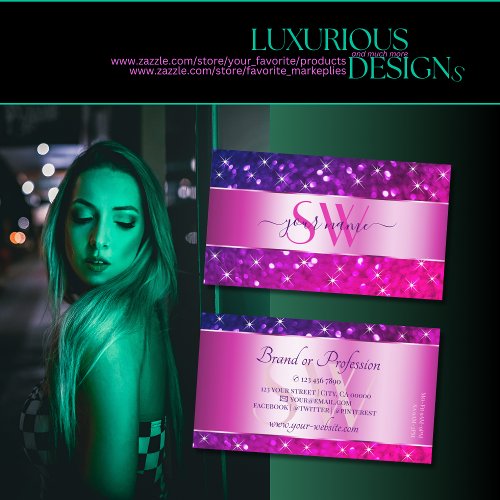Luxury Pink Purple Gradient Glitter Stars Initials Business Card
