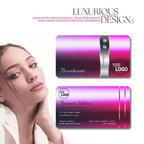 Luxury Pink Purple Gradient Silver Decor and Logo  Business Card