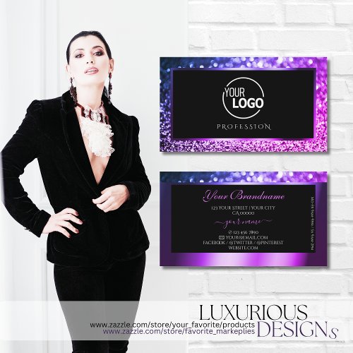 Luxury Pink Purple Ombre Sparkle Glitter Add Logo  Business Card