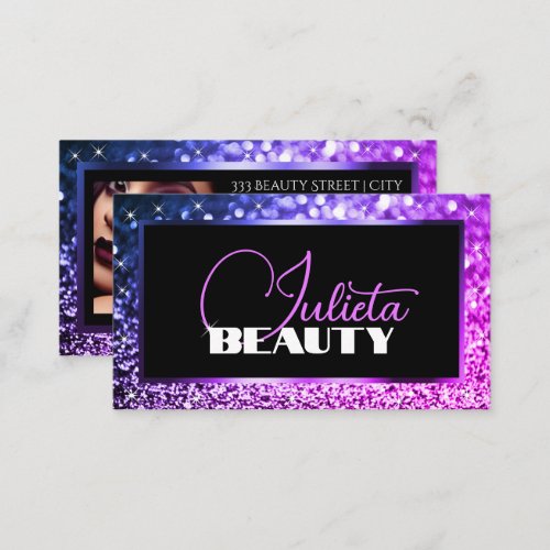 Luxury Pink Purple Sparkle Glitter Photo Template Business Card