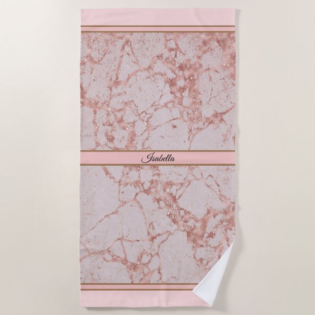 Luxury Pink Rose Blush Glitter Marble Customize Beach Towel (Front)