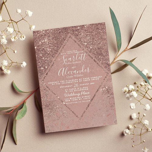 Luxury pink rose gold glitter marble Wedding Invitation