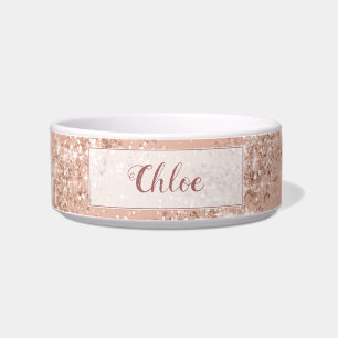 Luxury Pink Rose Gold Glitter Monogram Pet Bowl