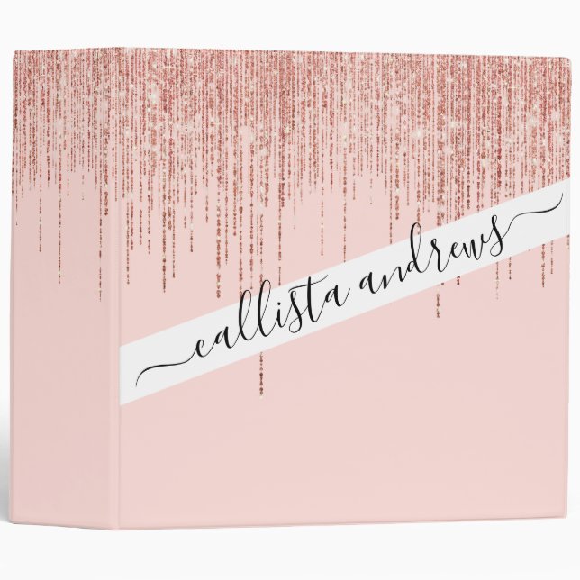 Luxury Pink Rose Gold Sparkly Glitter Fringe 3 Ring Binder (Front/Spine)