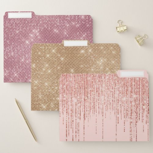 Luxury Pink Rose Gold Sparkly Glitter Fringe File Folder