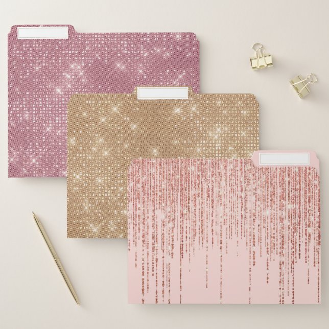 Luxury Pink Rose Gold Sparkly Glitter Fringe File Folder (Set)