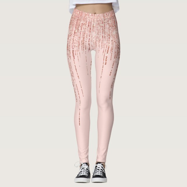 Luxury Pink Rose Gold Sparkly Glitter Fringe Leggings (Front)