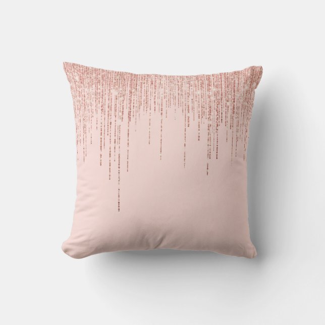 Luxury Pink Rose Gold Sparkly Glitter Fringe Outdoor Pillow (Front)