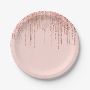 Luxury Pink Rose Gold Sparkly Glitter Fringe Paper Plates