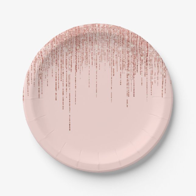 Luxury Pink Rose Gold Sparkly Glitter Fringe Paper Plates (Front)