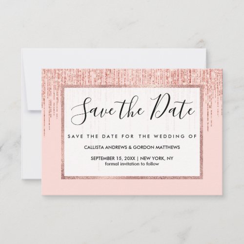 Luxury Pink Rose Gold Sparkly Glitter Fringe Save The Date