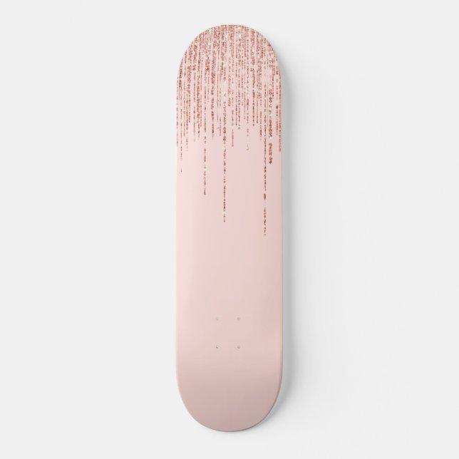 Luxury Pink Rose Gold Sparkly Glitter Fringe Skateboard (Front)