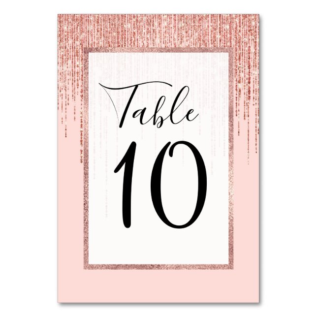 Luxury Pink Rose Gold Sparkly Glitter Fringe Table Number (Front)