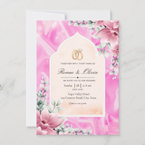 Luxury Pink Silk and Floral Arched Wedding Invitat Invitation
