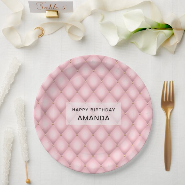 Luxury Pink Tufted Diamond Pattern Birthday Paper Plates (Wedding)