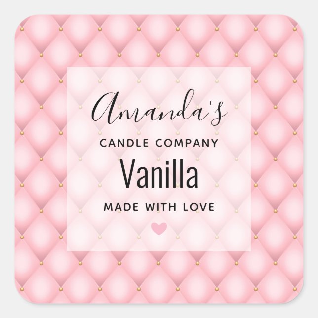 Luxury Pink Tufted Diamond Pattern Candle Business Square Sticker (Front)