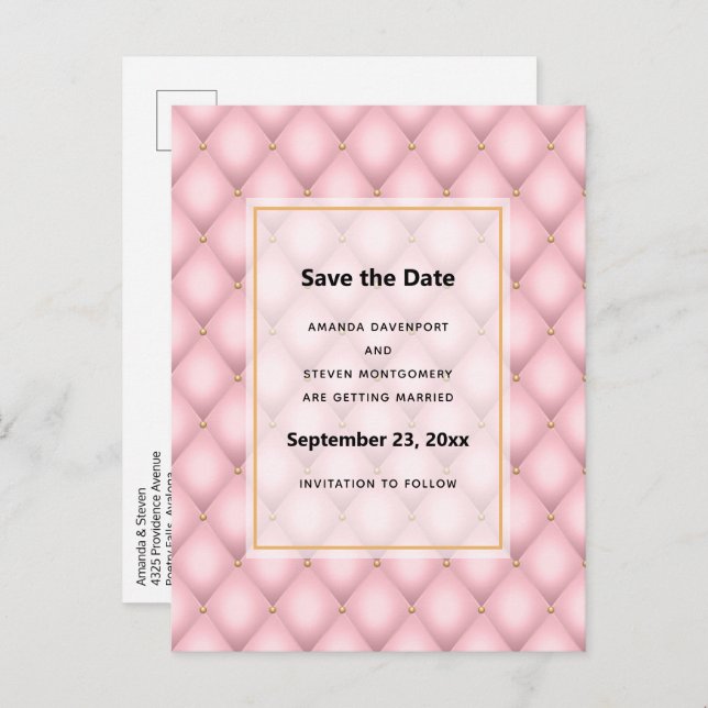 Luxury Pink Tufted Diamond Pattern Wedding Announcement Postcard (Front/Back)