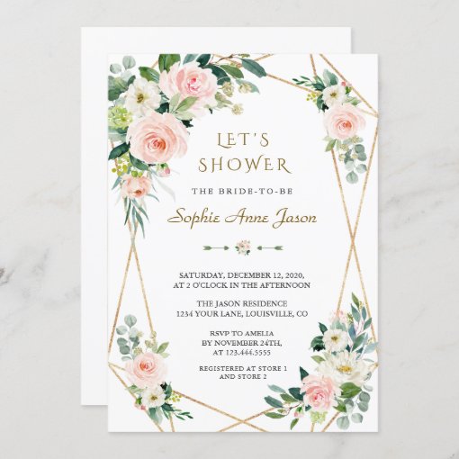 Luxury Pink White Flowers Gold Frame Bridal Shower Invitation | Zazzle